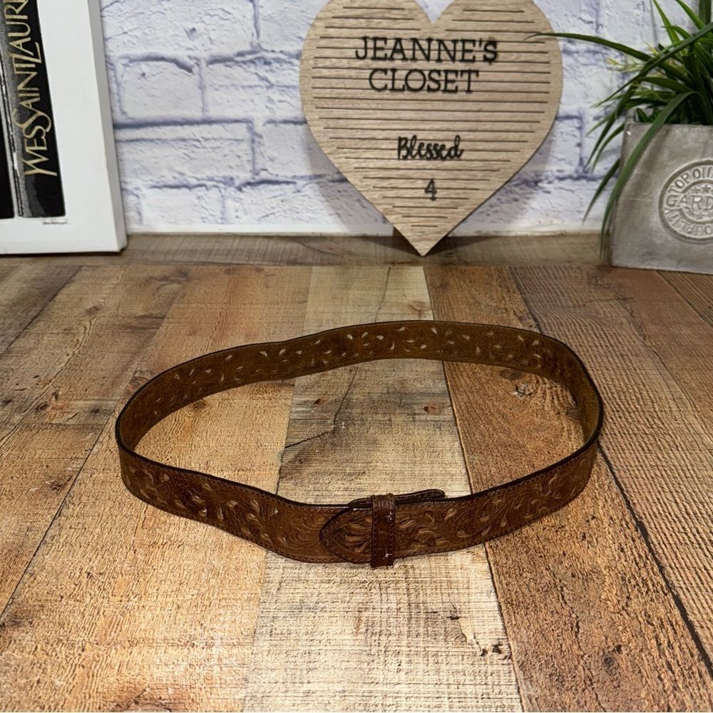 Vtg TONY LAMA Tooled Cutout Brown Belt Size 36